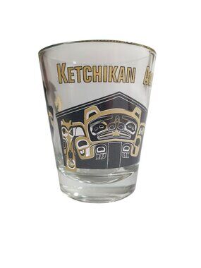 Ketchikan Alaska Souvenir Shot Glass Totem Pole Fish Eagle Design Clear Glass